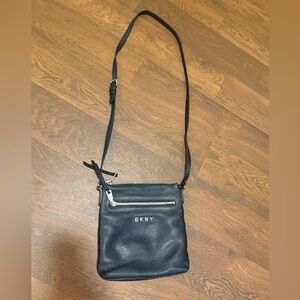 DKNY Black Leather Messenger Bag with Adjustable Strap